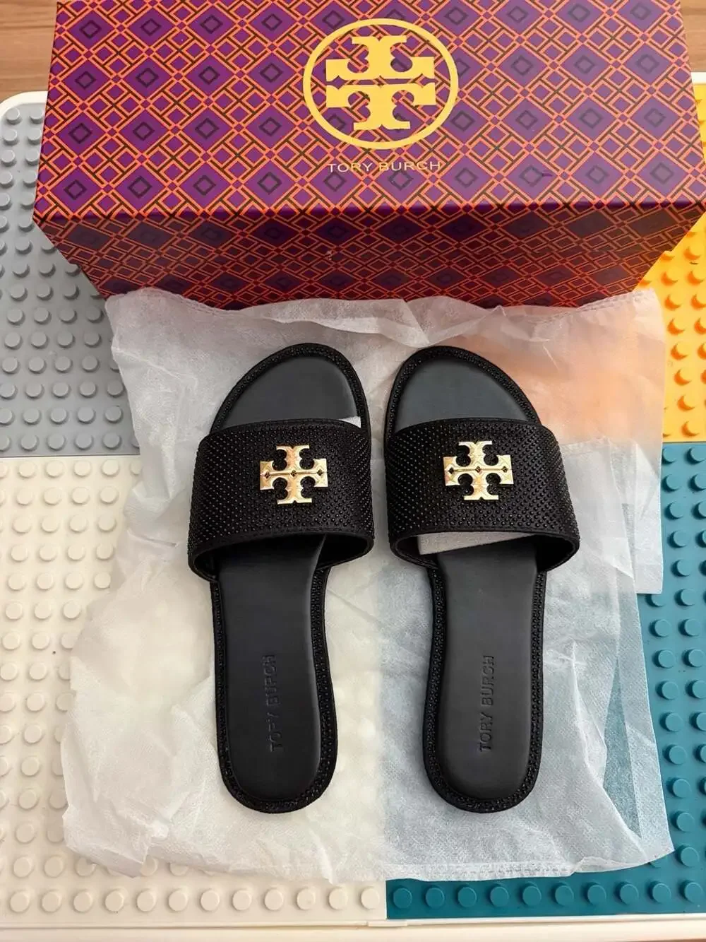 Tory Burch Black Studded Gold Logo Slide Sandals